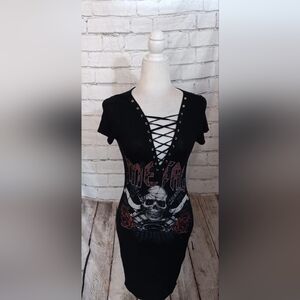 Black Lace-Up Skull Graphic Midi Dress